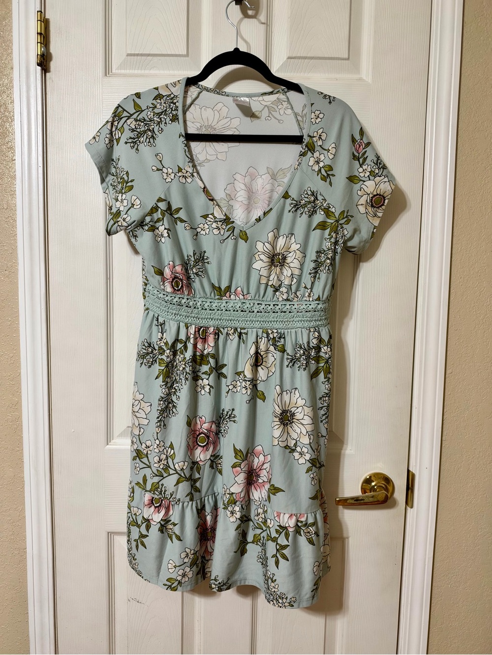 No Boundaries Light Sage Floral V-Neck Smocked Waist Dress